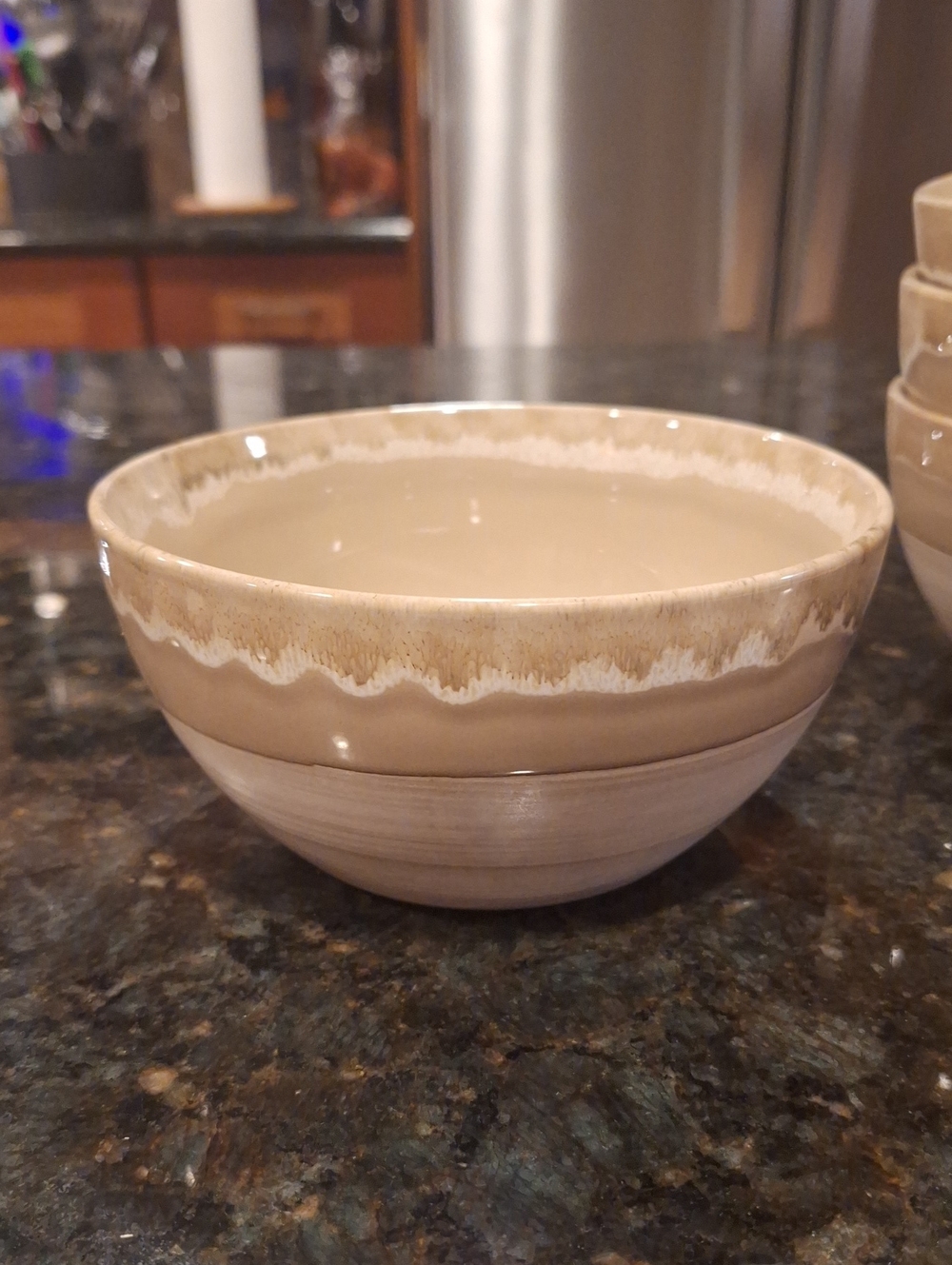 Set Of 4 Bosmarlin Glazed Ceramic Bowl - Beige/White Drip Detail 26 Oz. No Chips